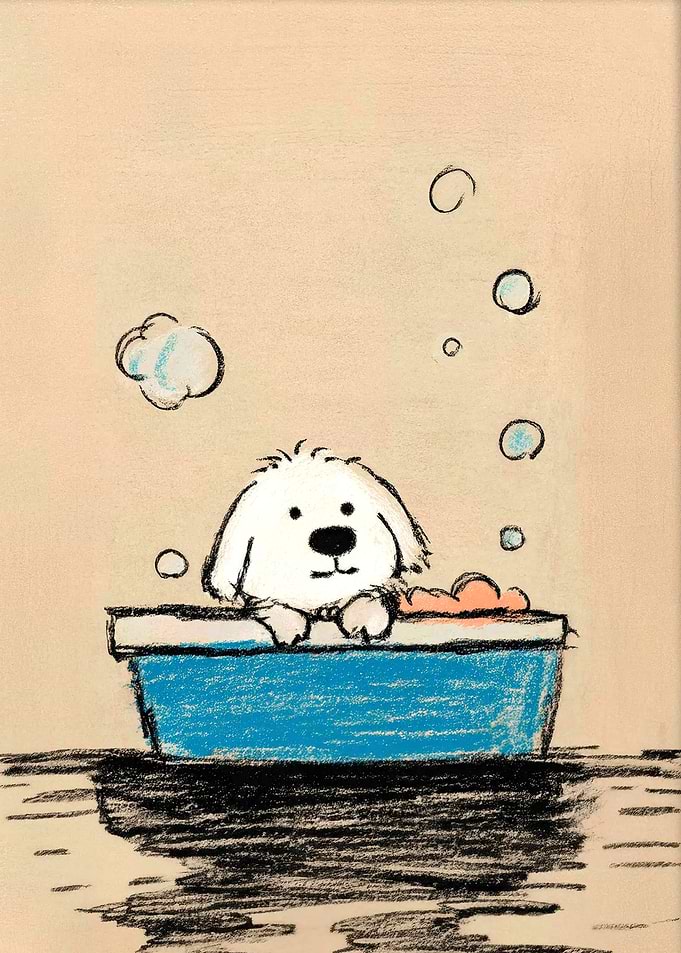 Cute dog taking a bath in bathroom wall art