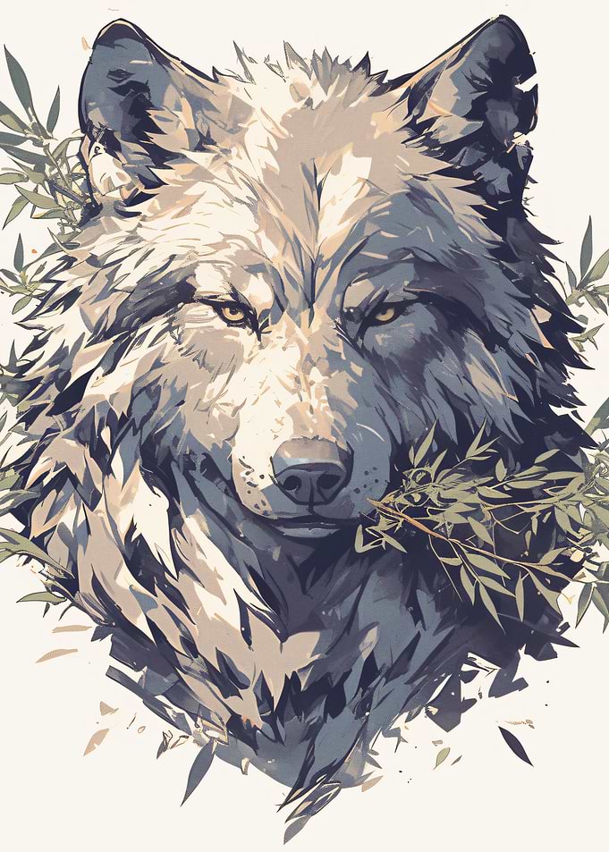 Artistic Wolf Portrait with Greenery