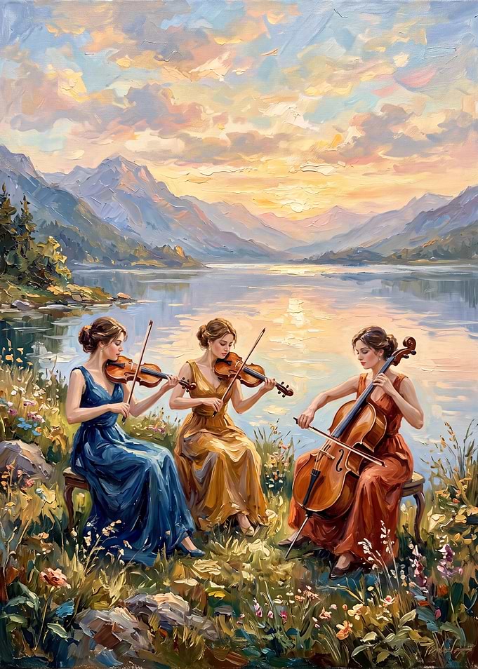 Women playing music by a lake at sunset