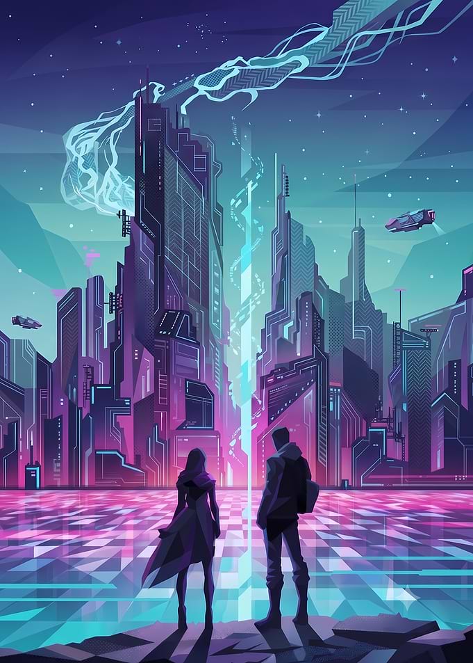 Love In Futuristic Cityscape Vector