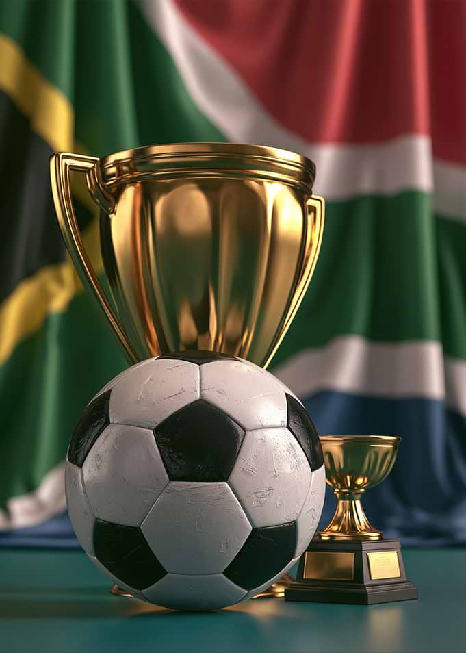 Soccer Trophy and Ball with South African Flag