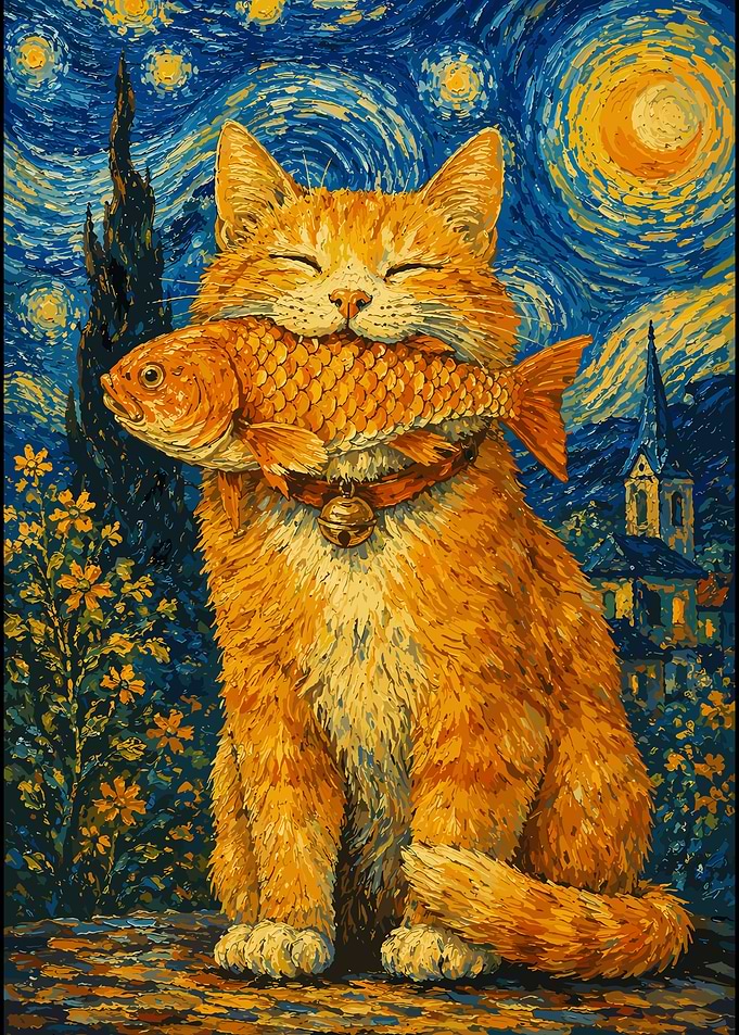 Cat with Fish in Starry Night Style