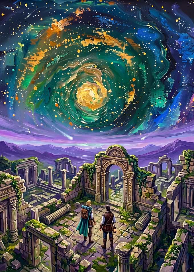 Fantasy Ruins Under a Cosmic Sky