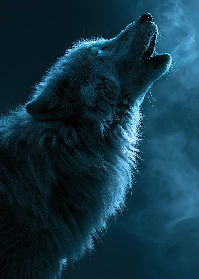 Wolf Howling in Blue Smoke