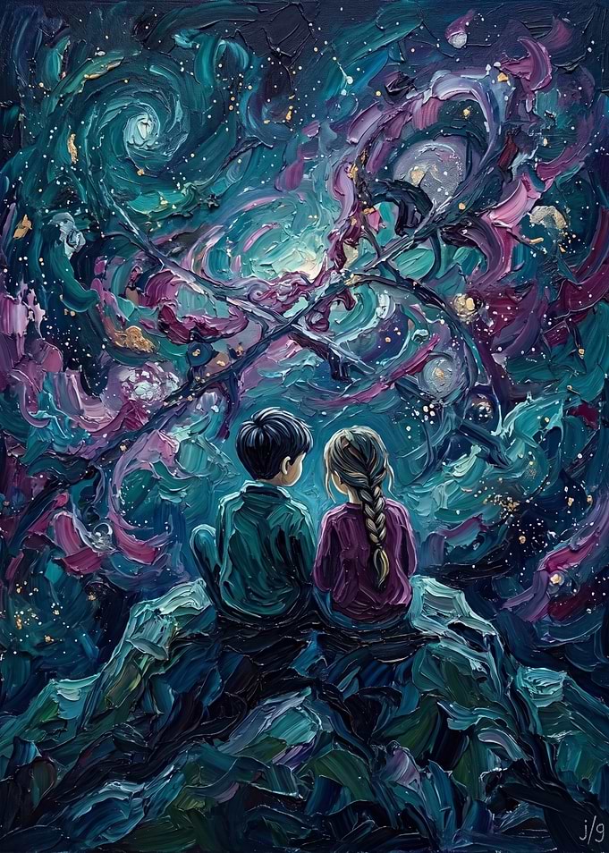Children Gazing at a Cosmic Sky