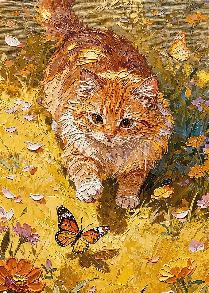 Fluffy Orange Cat Chasing Butterfly
