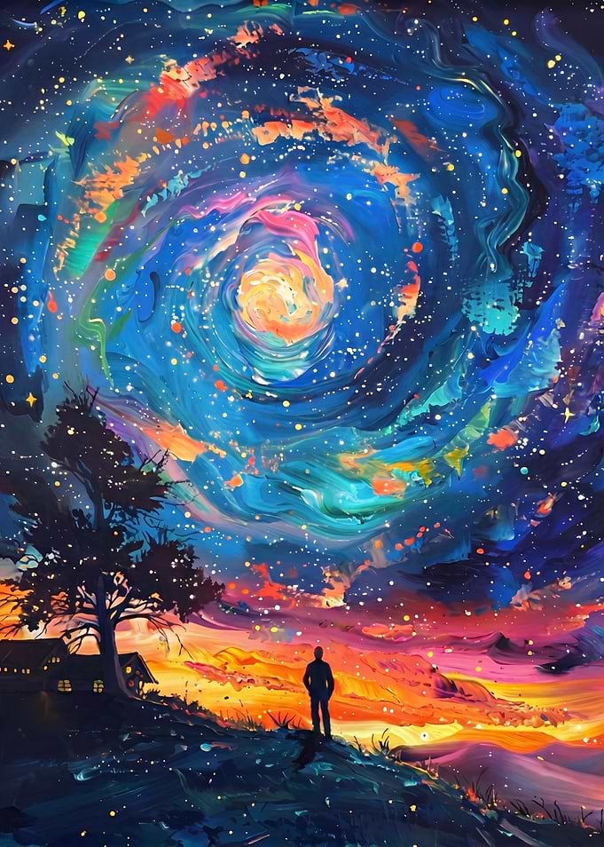 Man Gazing at a Swirling Galaxy Sky