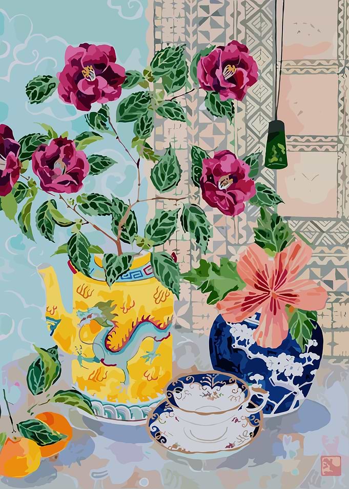 Still Life with Dragon Teapot and Flowers