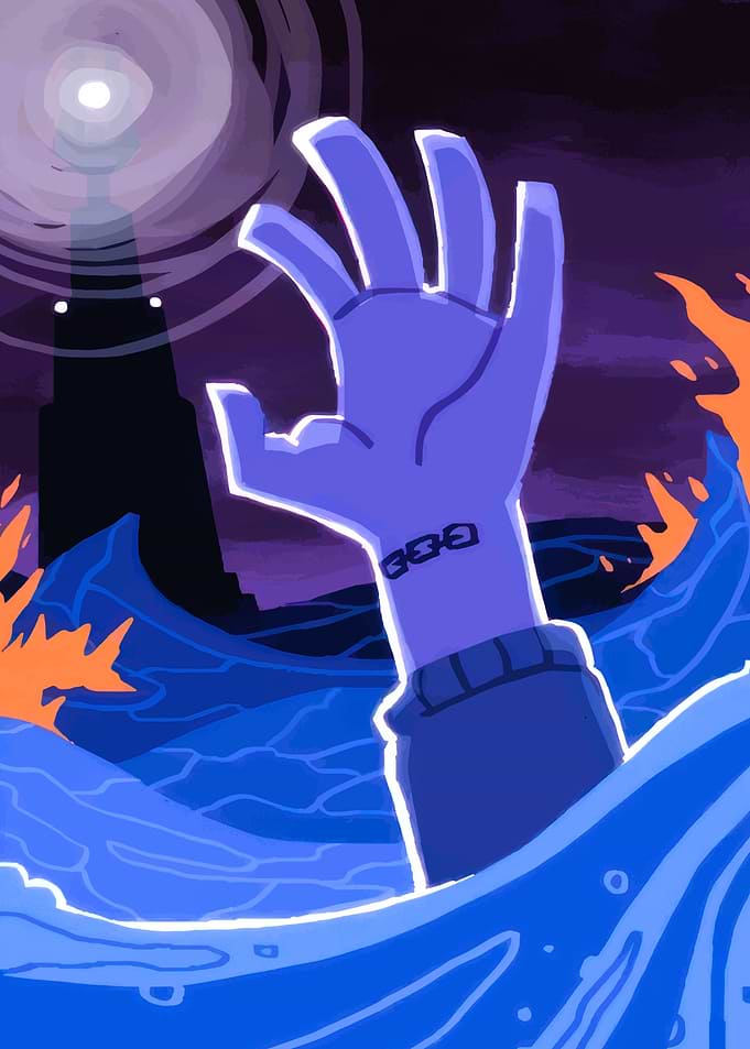 Hand reaching out of water near lighthouse