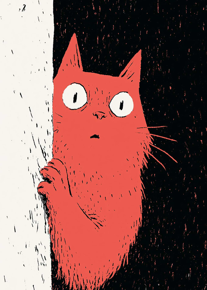 Scared Red Cat Peeking Around Corner