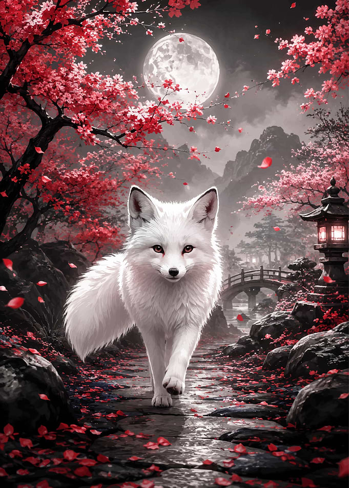 White Fox in Cherry Blossom Garden