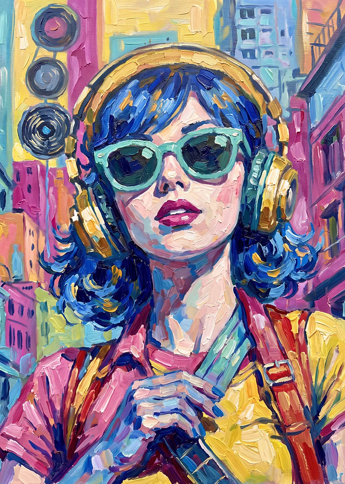 Woman with headphones in a colorful city