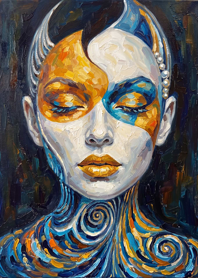 Abstract Portrait of a Woman with Golden and Blue Markings