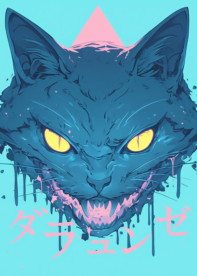 Aggressive Blue Cat with Japanese Text