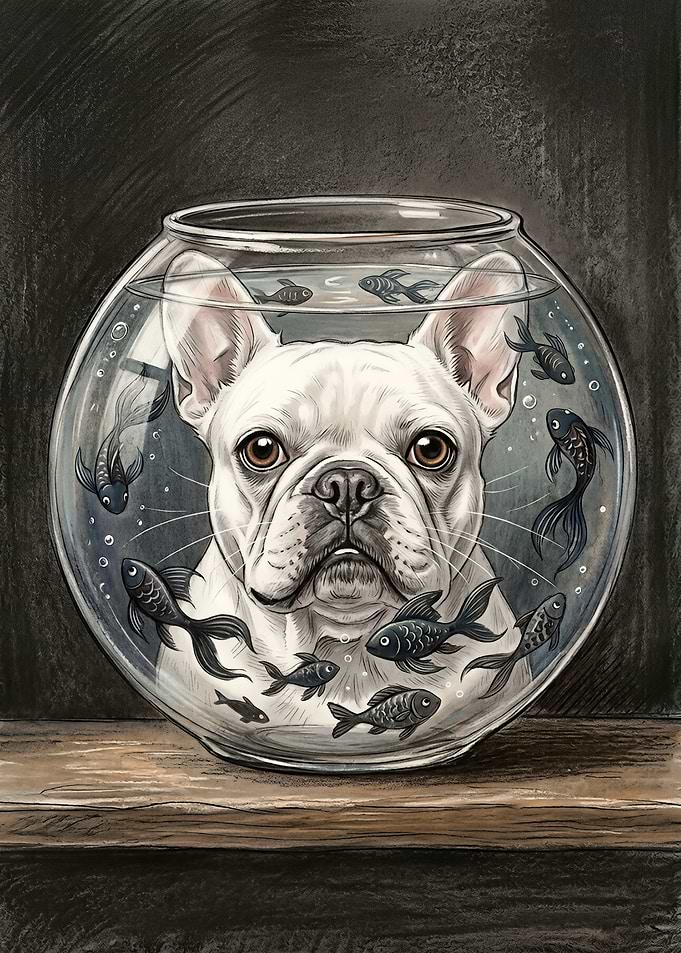 White French Bulldog in a Fishbowl