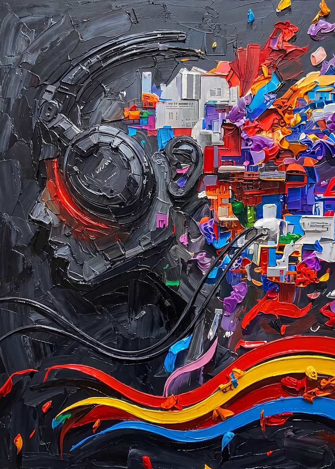 Abstract Robot Head with Colorful Cityscape