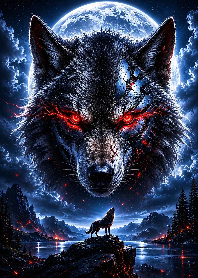 Cybernetic Wolf Howling at the Moon