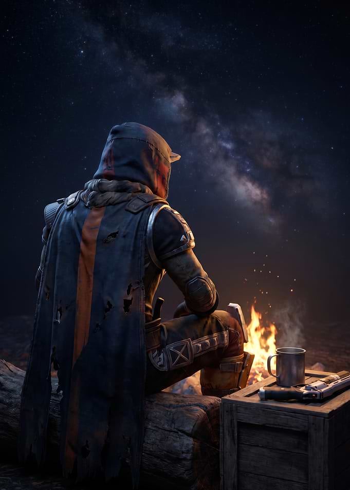 Sci-fi character by campfire under stars