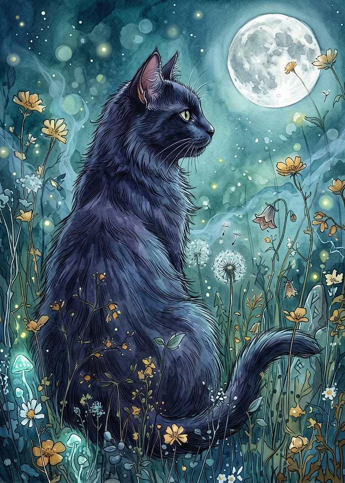 Black Cat in Moonlit Garden