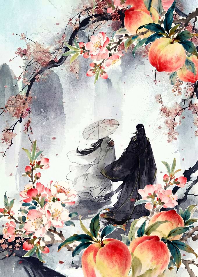 Couple in Traditional Chinese Attire Under Peach Blossoms