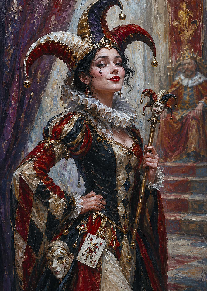 Jester Woman with Staff and Mask