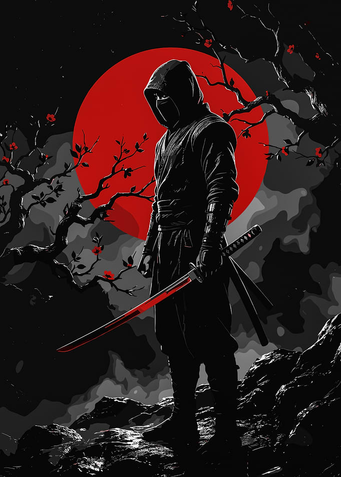 Ninja with Red Katana Under Red Moon