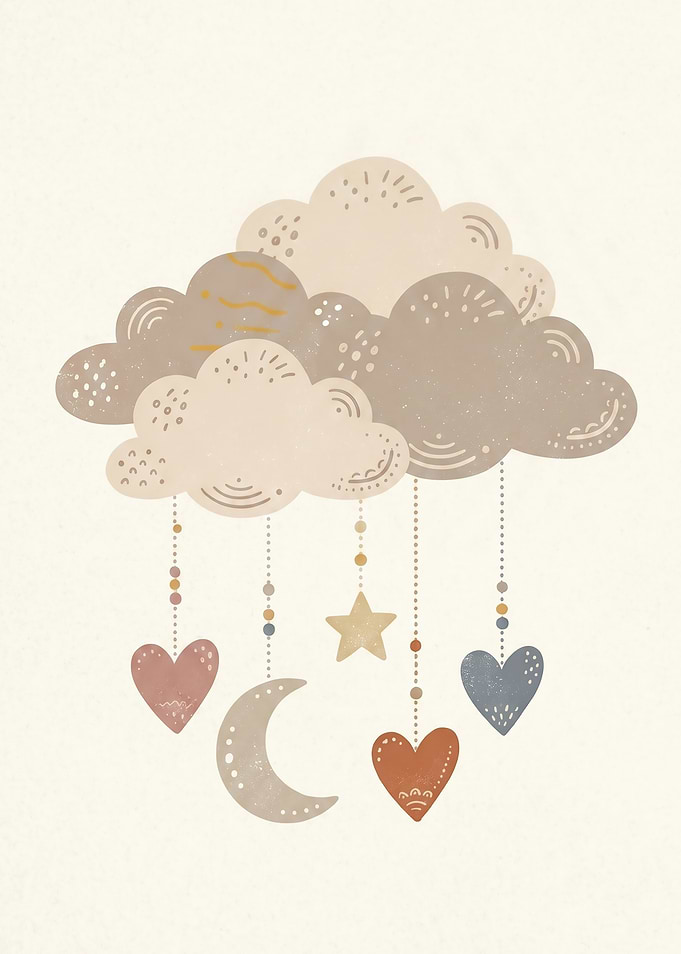 Boho Cloud Mobile with Hearts, Moon, and Star