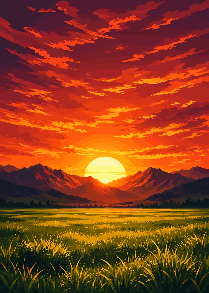 Vibrant Sunset Over Mountains and Field