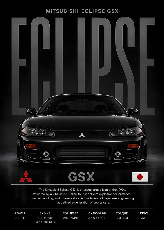 Black Mitsubishi Eclipse GSX Poster, Car Poster