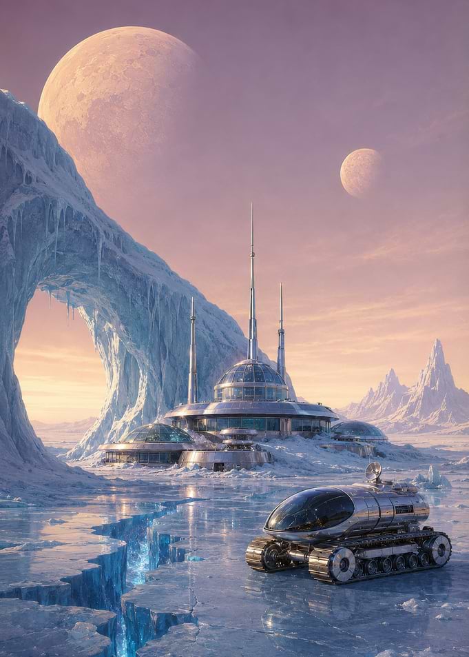 Futuristic outpost on an icy alien planet