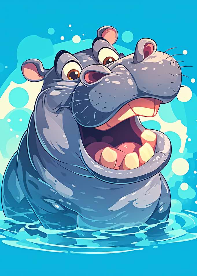 Happy Cartoon Hippopotamus in Water