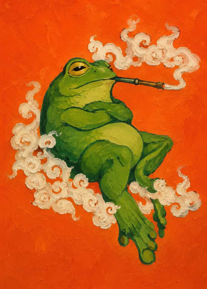 Frog smoking a pipe with smoke clouds