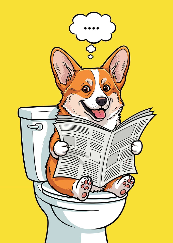 Corgi Reading Newspaper on Toilet