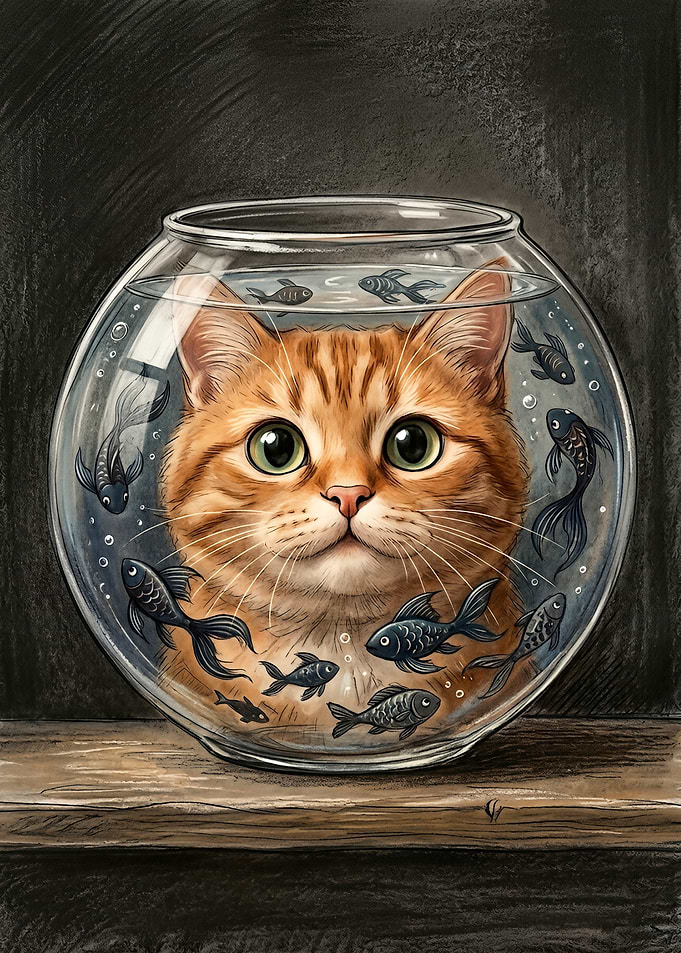 Orange Cat in a back of Fishbowl with Goldfish