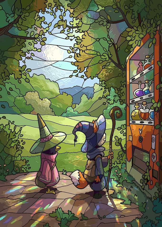 Fantasy characters at a potion vending machine