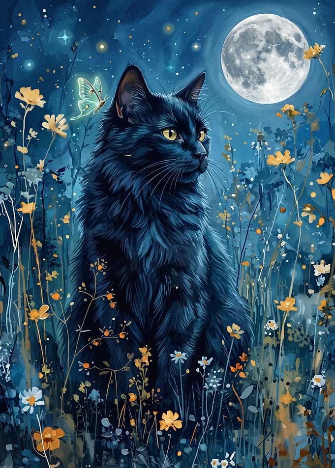 Black Cat in Moonlit Garden