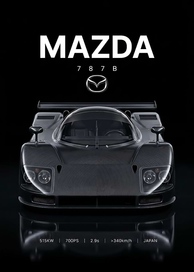 sleek dark Mazda 787B Carbon Fiber Race Car poster