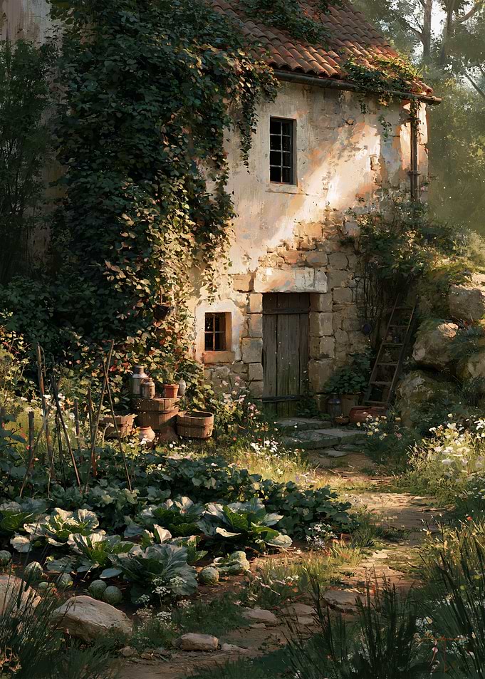 Sunlit Stone Cottage Garden in Rustic Countryside