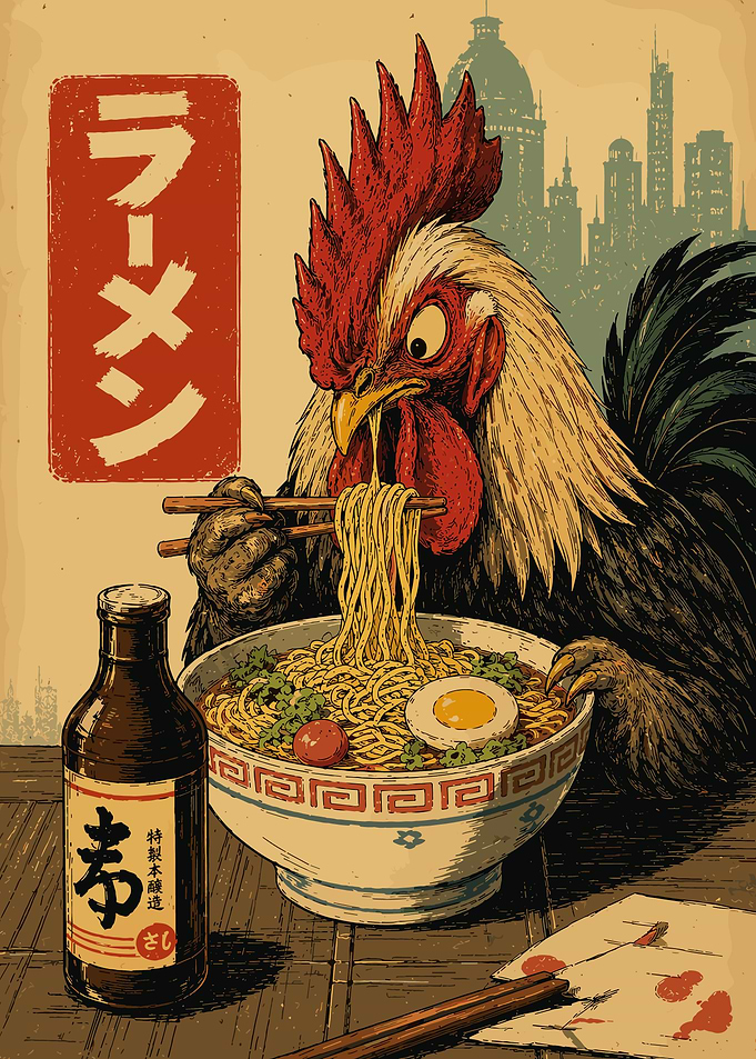 Rooster Eating Ramen Japanese Food Illustration Funny Animal Wall Art Poster