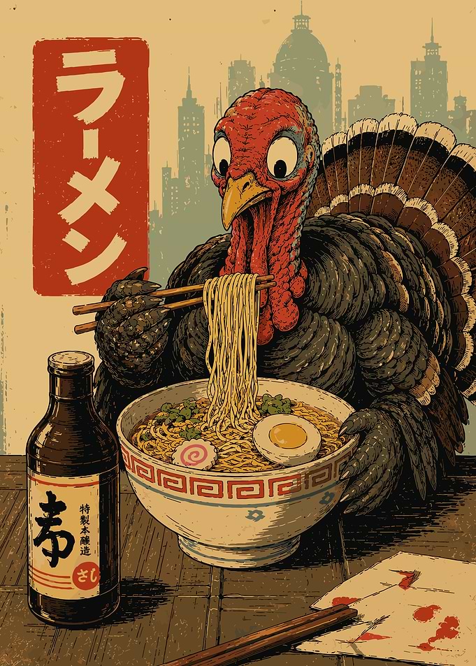 Funny Turkey Eating Ramen Vintage Japanese Poster Wall Art