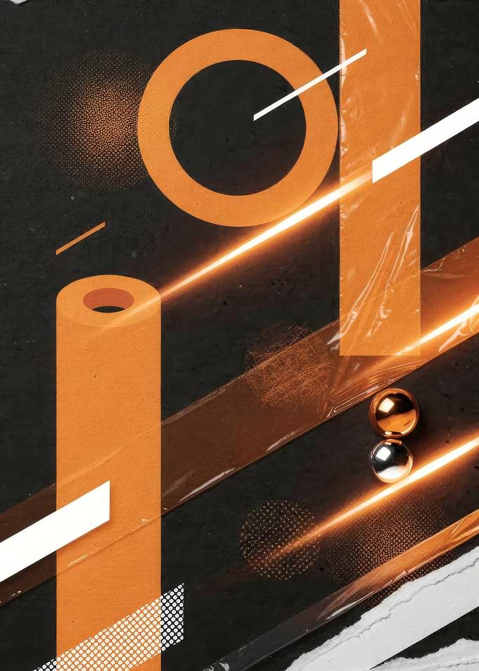 Futuristic Orange Geometry with Metallic Spheres - Abstract Digital Composition