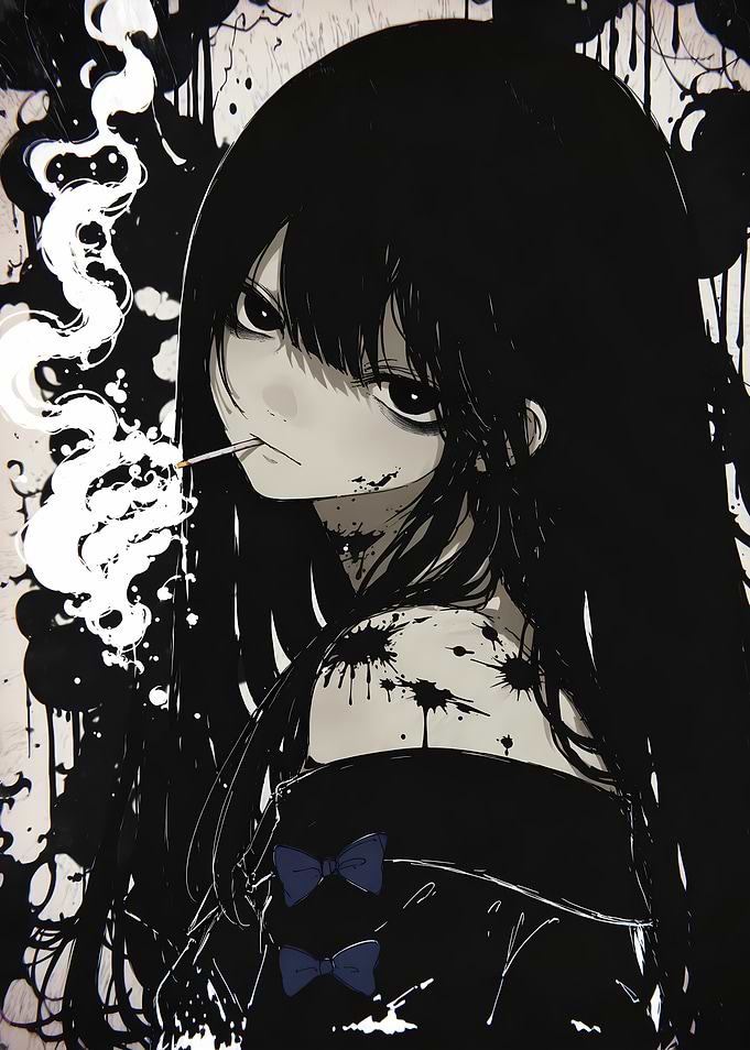Anime Girl Smoking with Ink Splatter