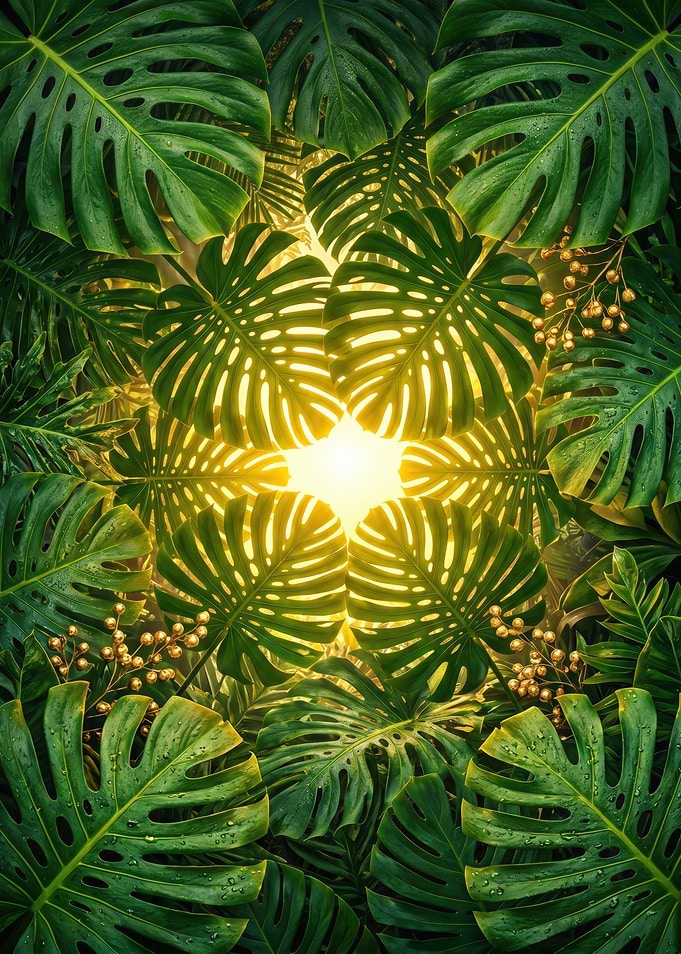 Sunburst Monstera Canopy - Golden Tropical Botanical Art