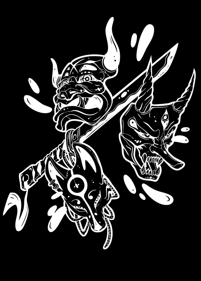 Japanese Oni and Kitsune Masks with Sword