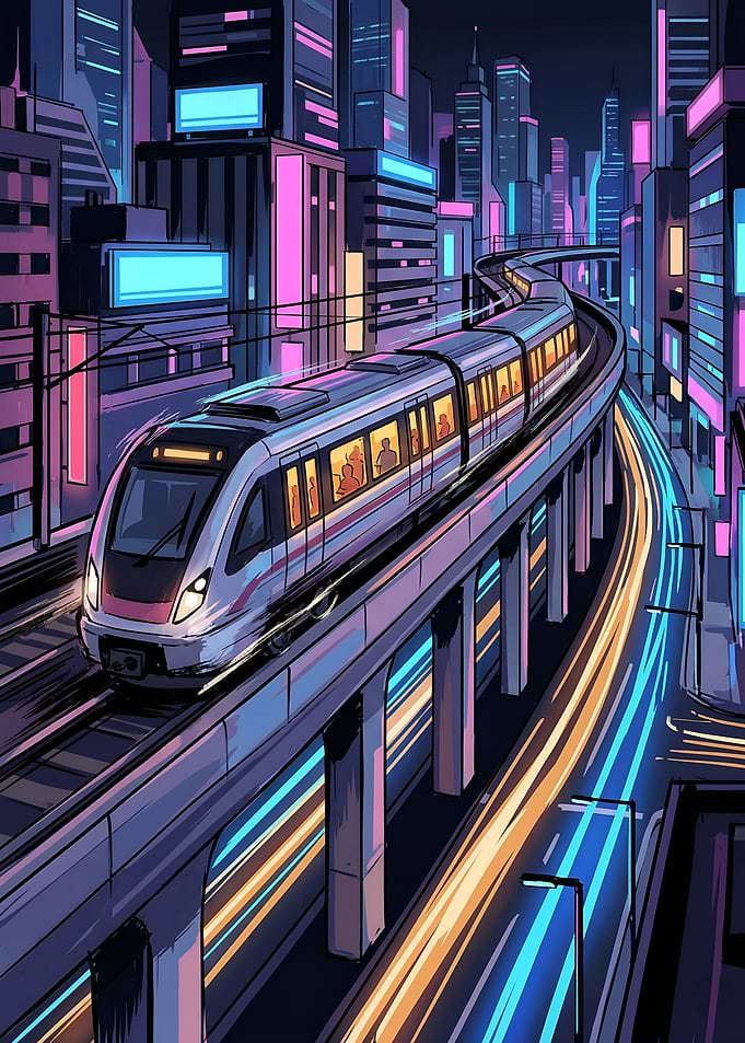 Midnight Light Trails and Cyberpunk Train Artwork