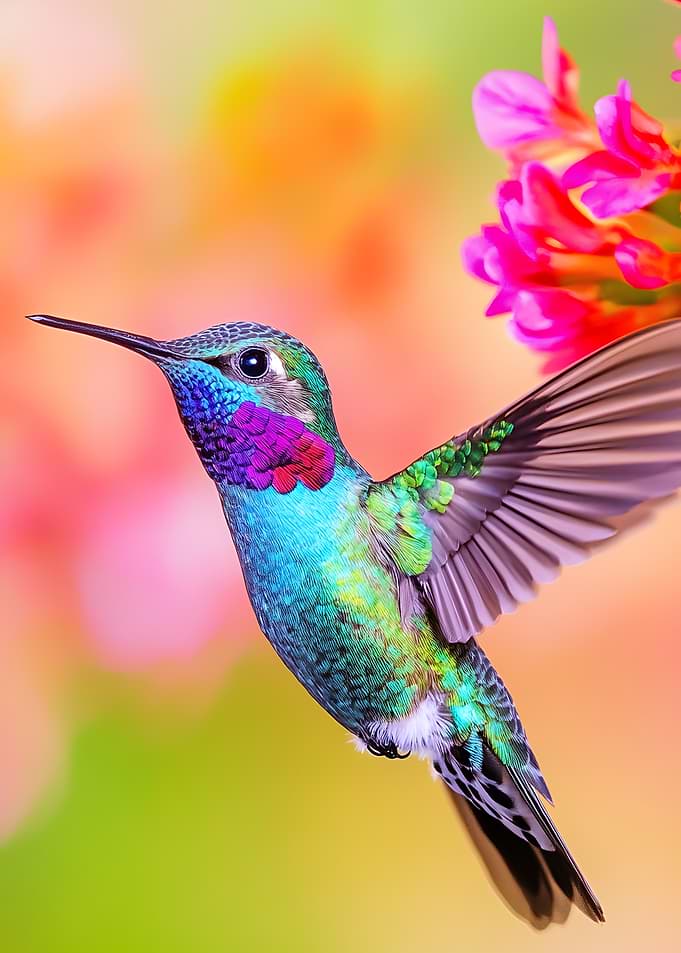 Vibrant Hummingbird Hovering Pink Flowers