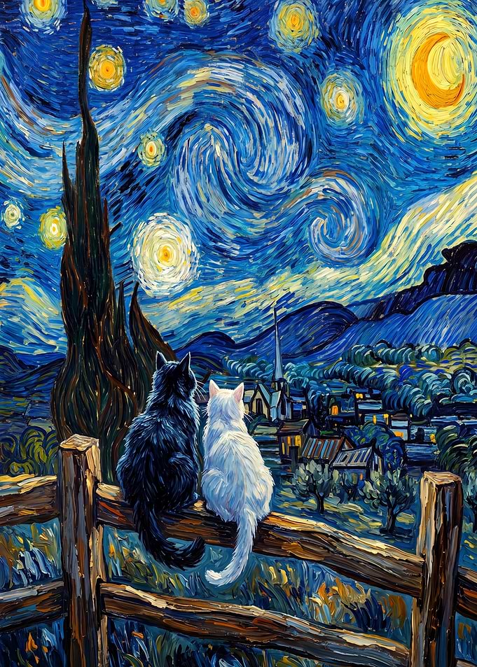 Cats admire Starry Night
