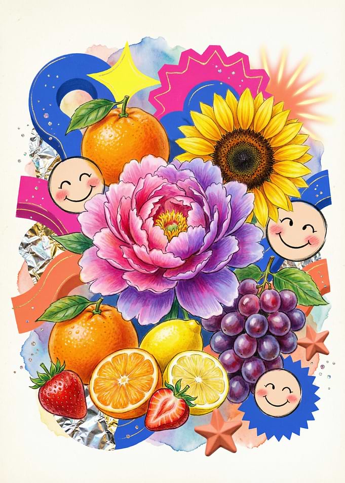 Vibrant Fruit and Floral Pop Art Collage
