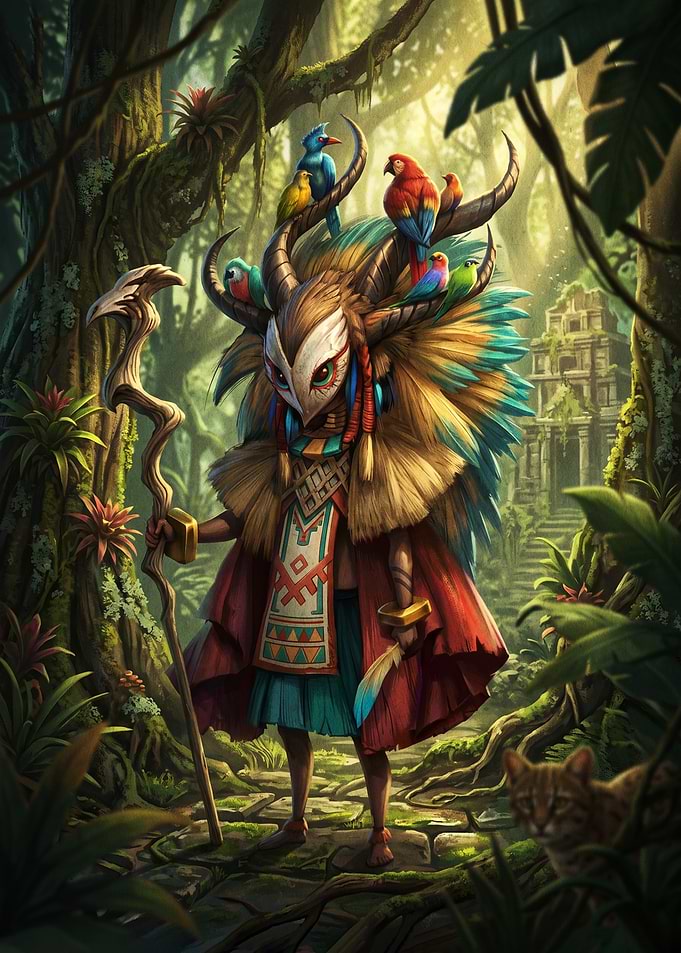 Jungle Shaman with Birds and Ruins