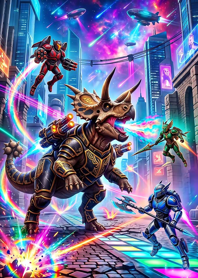 Cyberpunk Battle with Armored Triceratops